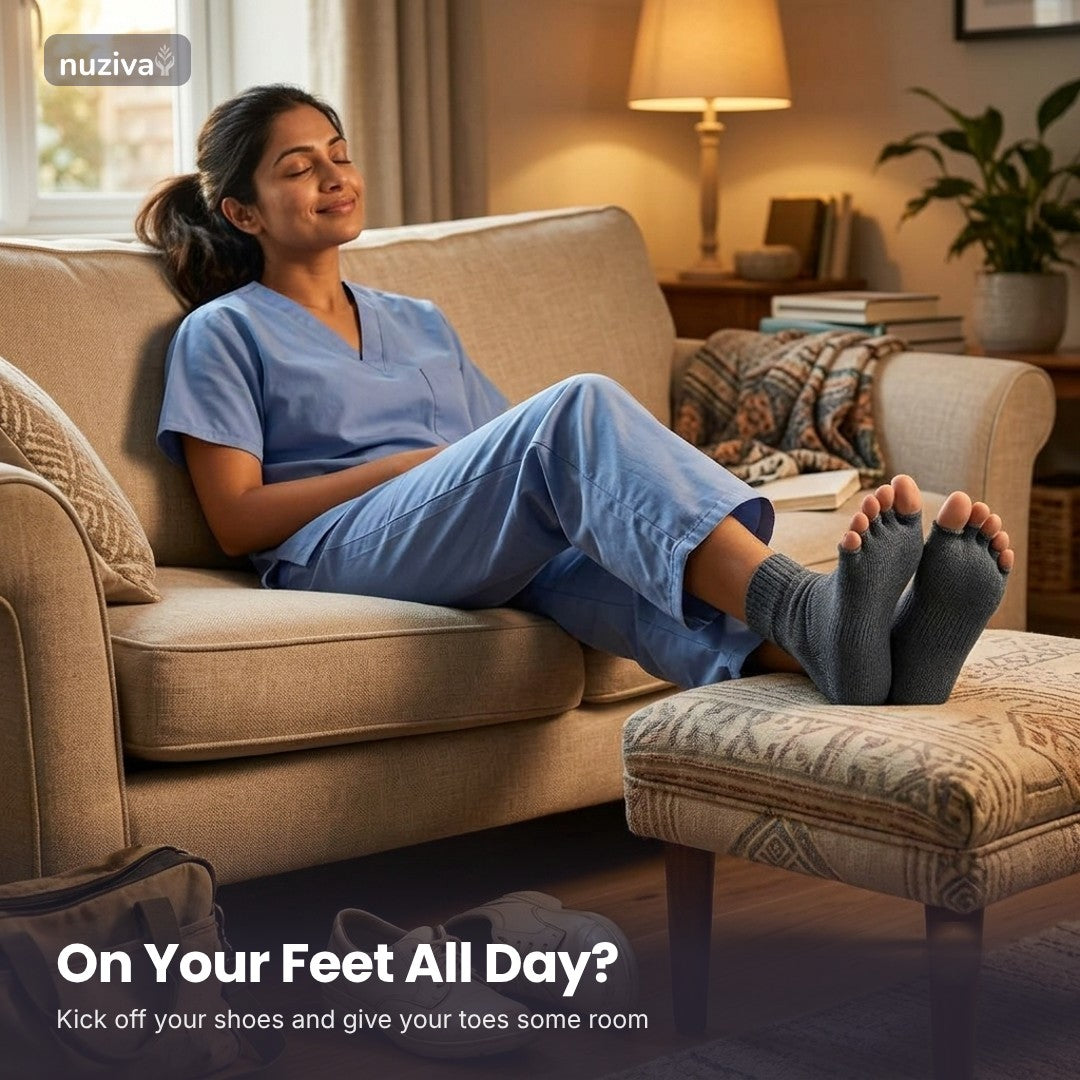 Nurse relaxing after a long shift in Nuziva ToeRelax socks
