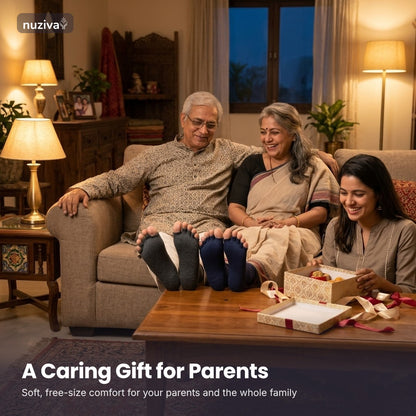 Parents relaxing in Nuziva ToeRelax socks, a caring gift