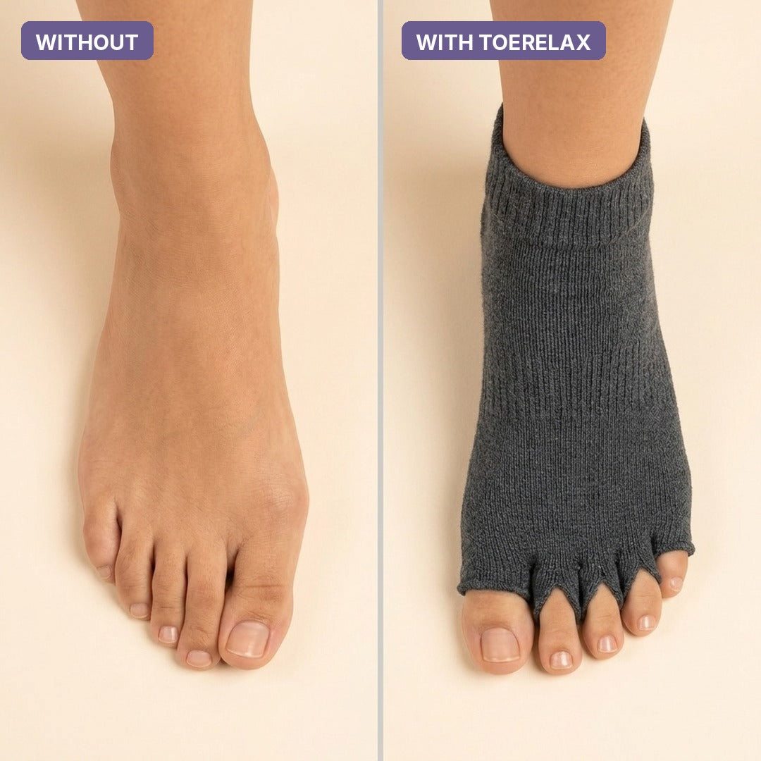 Without vs with Nuziva ToeRelax: toes squeezed together vs gently spread